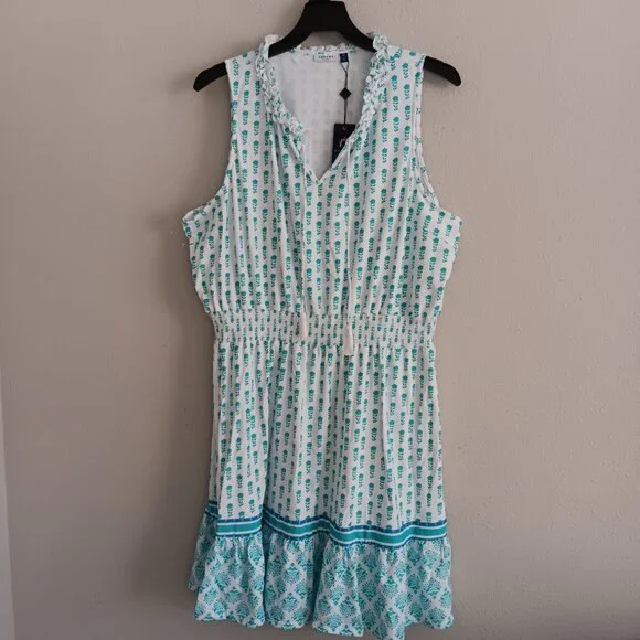 Cabana Life Smocked Waist Dress UPF 50 , White/Aqua Sz 3X a654952 - Picture 4 of 7